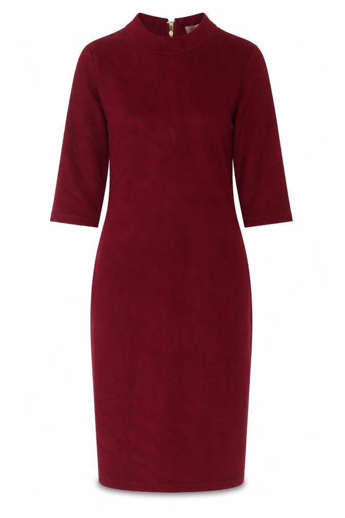 Front view of Aisabelle women’s purple polyester sheath, size S, mock neck zip