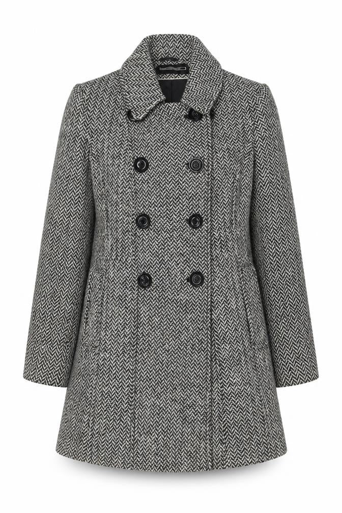 Front view of BHS women’s black herringbone pea coat coat, size UK 10, button