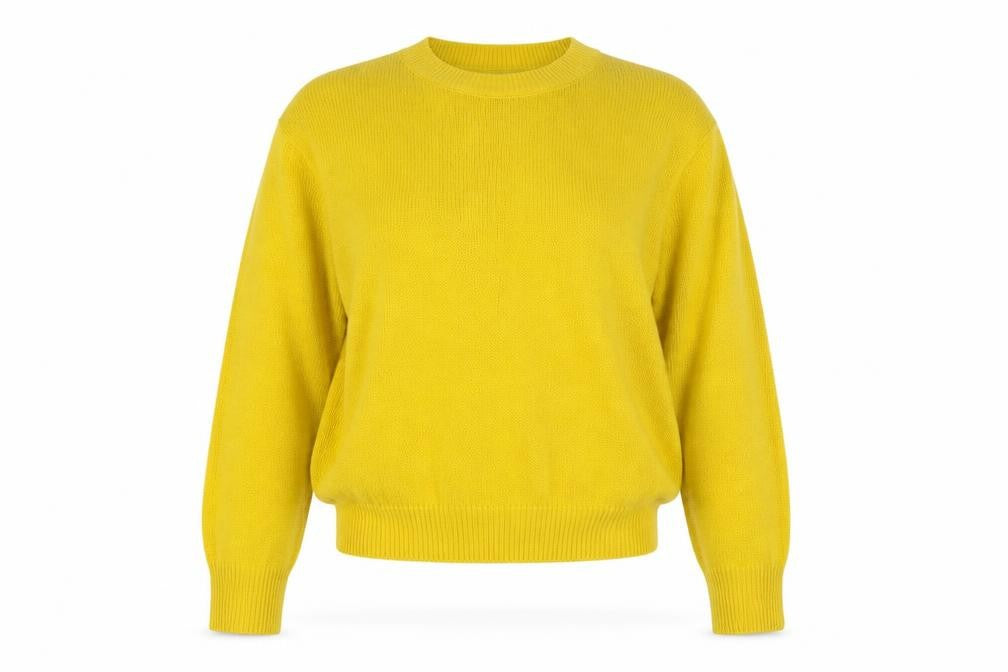 Front view of H&M women’s yellow round neck acrylic jumper, size S