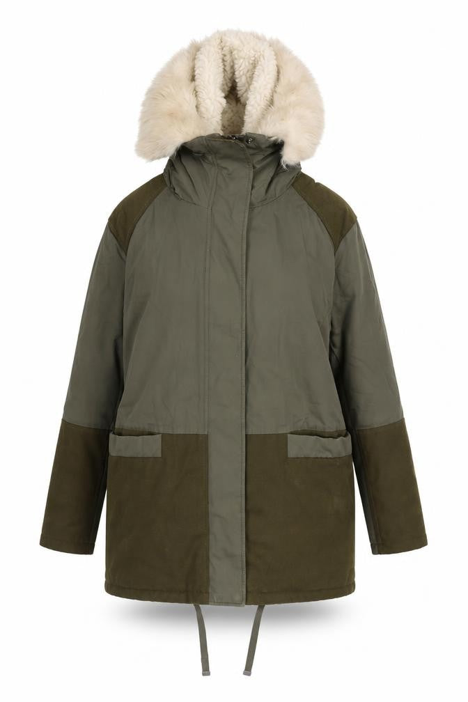 Front view of Topshop women’s green parka coat, size UK 10, zip - panelled