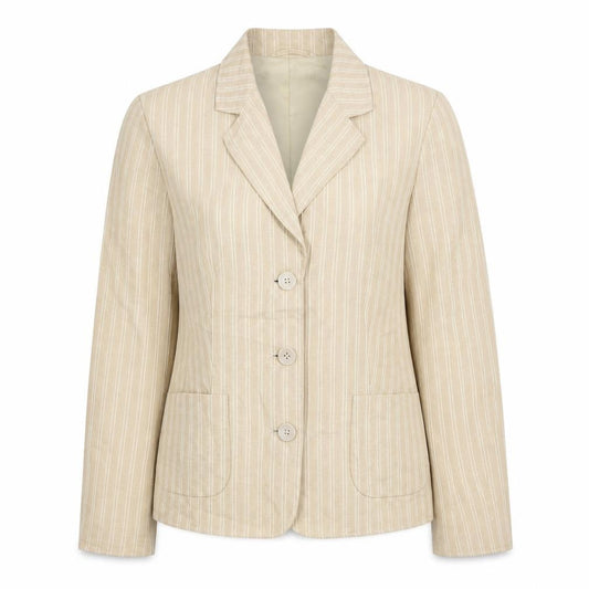 Front view of Per Una women’s beige striped jacket blazer, size UK 12, button