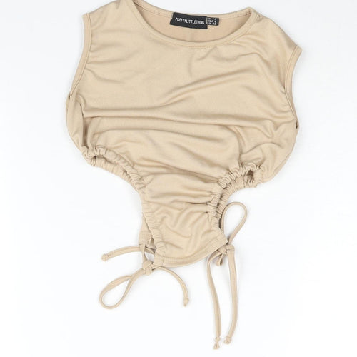 PRETTYLITTLETHING Womens Beige Polyester Cropped Blouse Size 4 Round Neck - Drawstring Cut Out