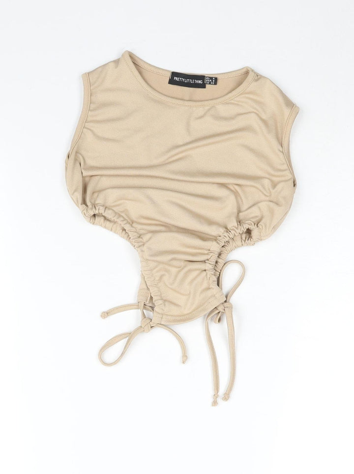 PRETTYLITTLETHING Womens Beige Polyester Cropped Blouse Size 4 Round Neck - Drawstring Cut Out