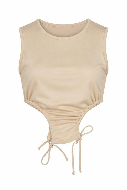 Front view of PRETTYLITTLETHING women’s beige polyester cropped blouse, size UK 4, round neck - drawstring cut out