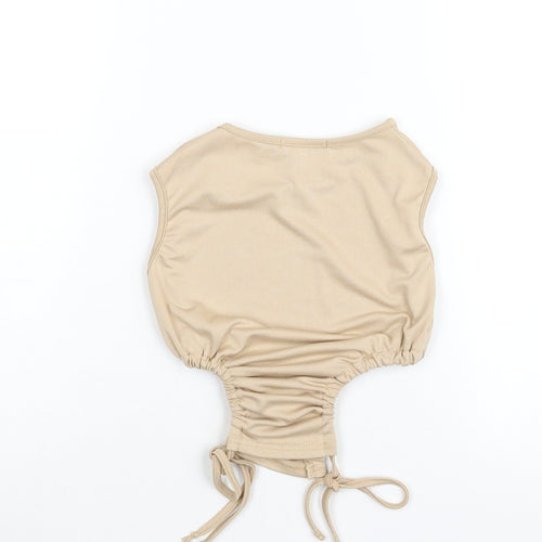 PRETTYLITTLETHING Womens Beige Polyester Cropped Blouse Size 4 Round Neck - Drawstring Cut Out