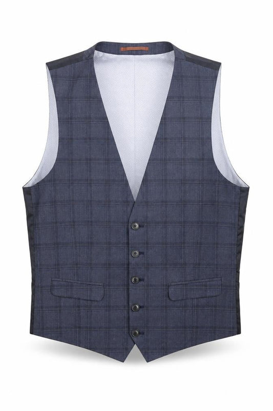Front view of Burton men’s blue check polyester jacket suit waistcoat, size M, regular - chest 38-40