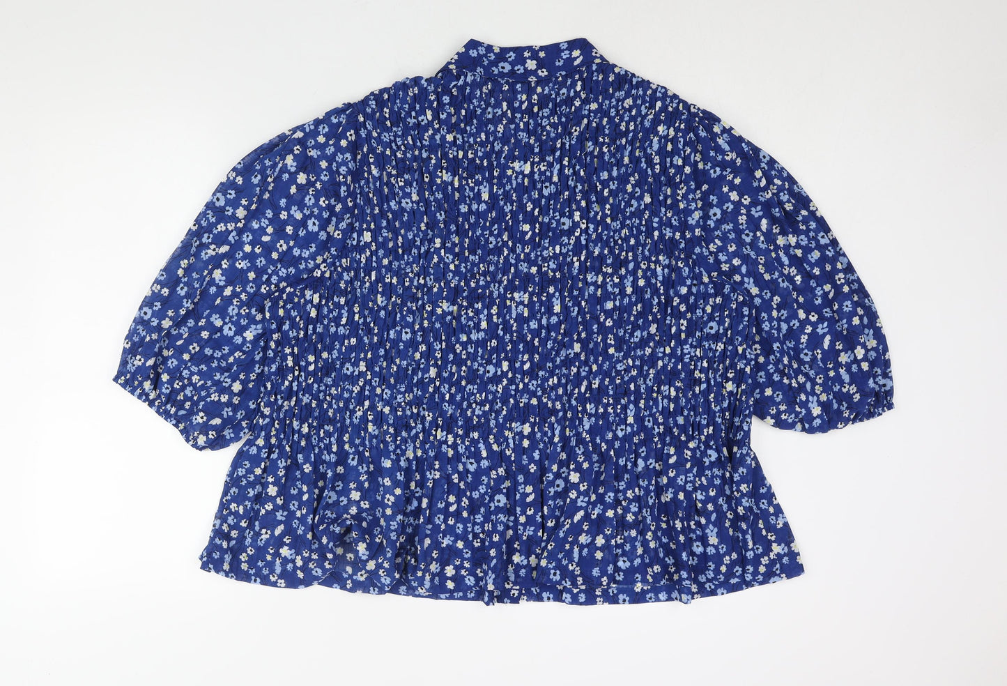 Marks and Spencer Womens Blue Floral Polyester Basic Blouse Size 22 Collared - Rouched