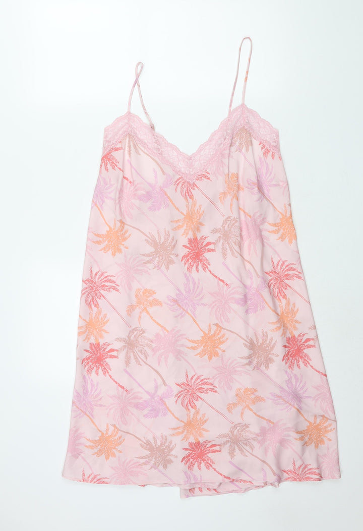 Marks and Spencer Womens Pink Geometric Polyester Cami Dress Size 36 - Lace Trim Palm Tree Print