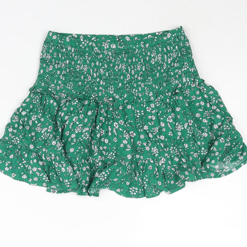Marks and Spencer Girls Green Floral Viscose Flare Skirt Size 9-10 Years Regular Pull On - Smocked