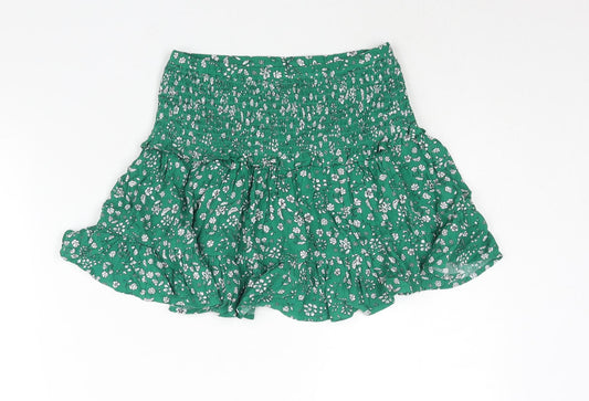 Marks and Spencer Girls Green Floral Viscose Flare Skirt Size 9-10 Years Regular Pull On - Smocked