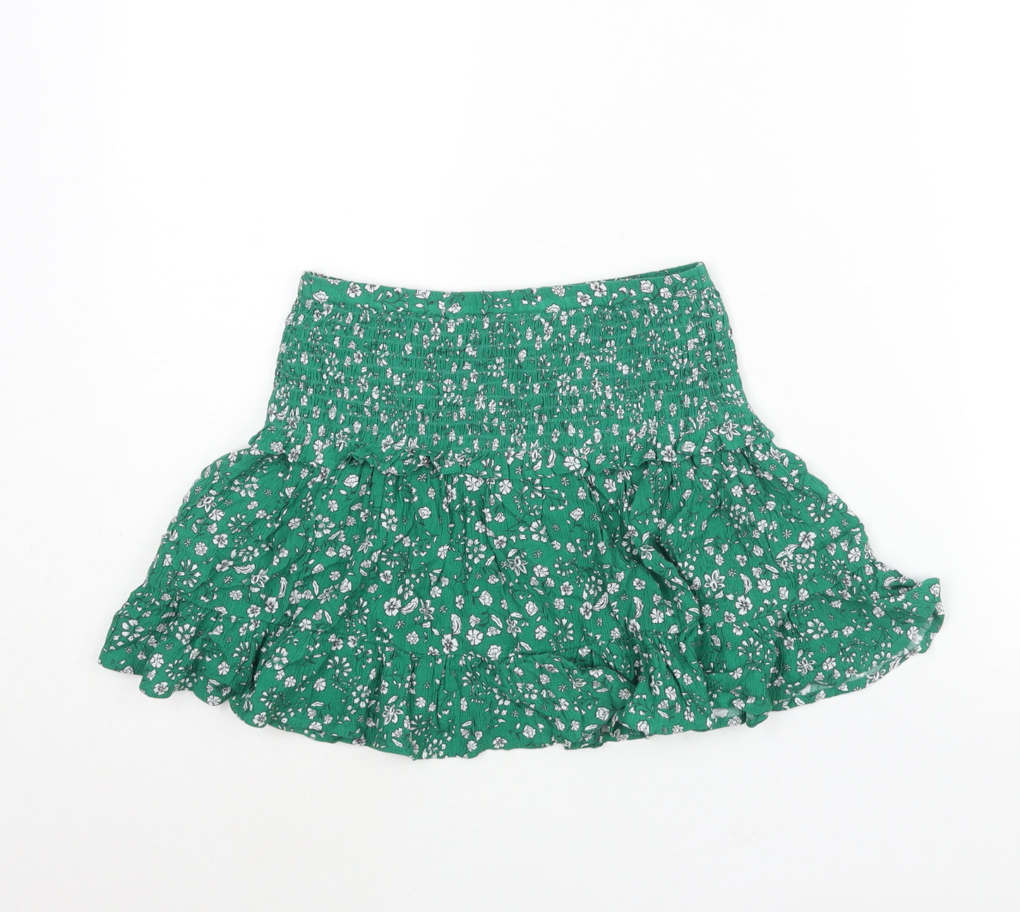 Marks and Spencer Girls Green Floral Viscose Flare Skirt Size 9-10 Years Regular Pull On - Smocked