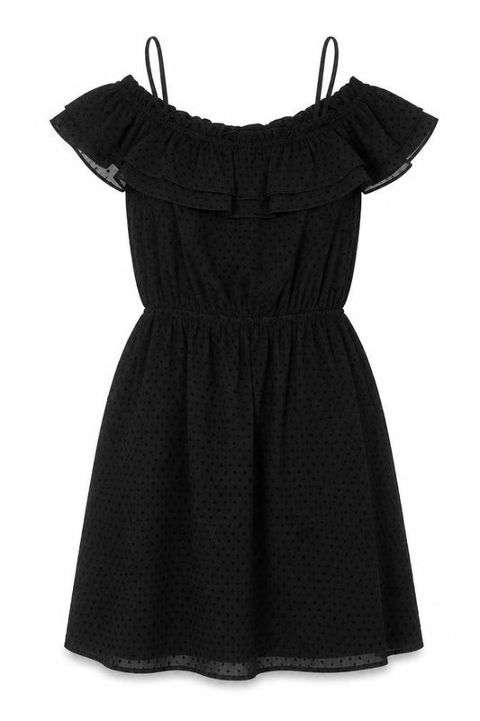 Front view of H&M women’s black polka dot polyester a-line, size UK 8, boat neck pullover - cold shoulder frill
