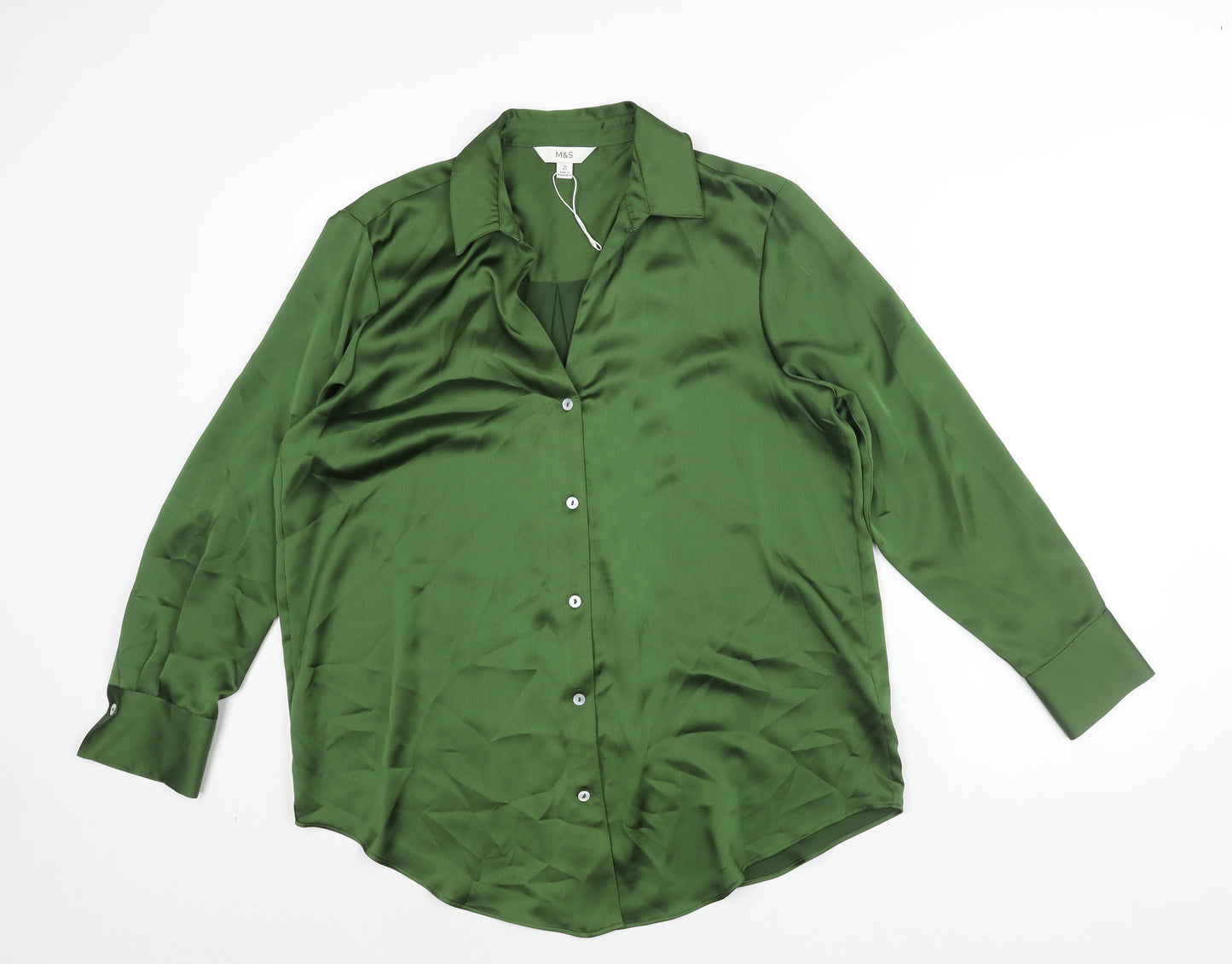 Marks and Spencer Womens Green Polyester Basic Button-Up Size 14 Collared