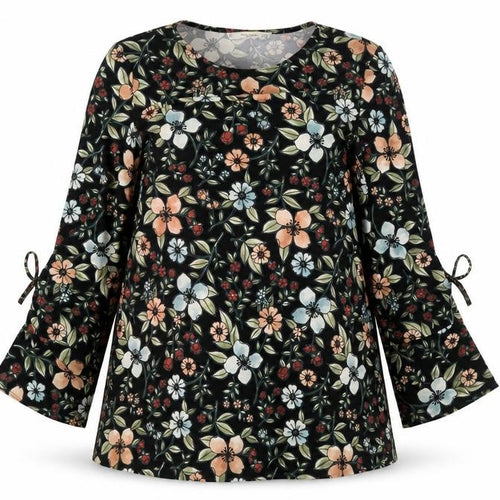 Mango Womens Black Floral Polyester A-Line Size XS Round Neck Pullover - Drawstring Sleeve