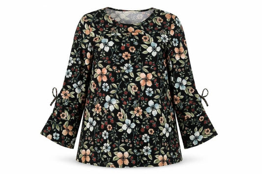 Front view of Mango women’s black floral polyester a-line, size XS, round neck pullover - drawstring sleeve