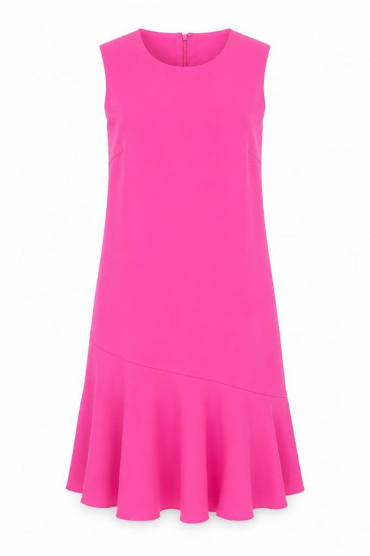 Front view of Warehouse women’s pink polyester shift, size UK 10, round neck zip - frill