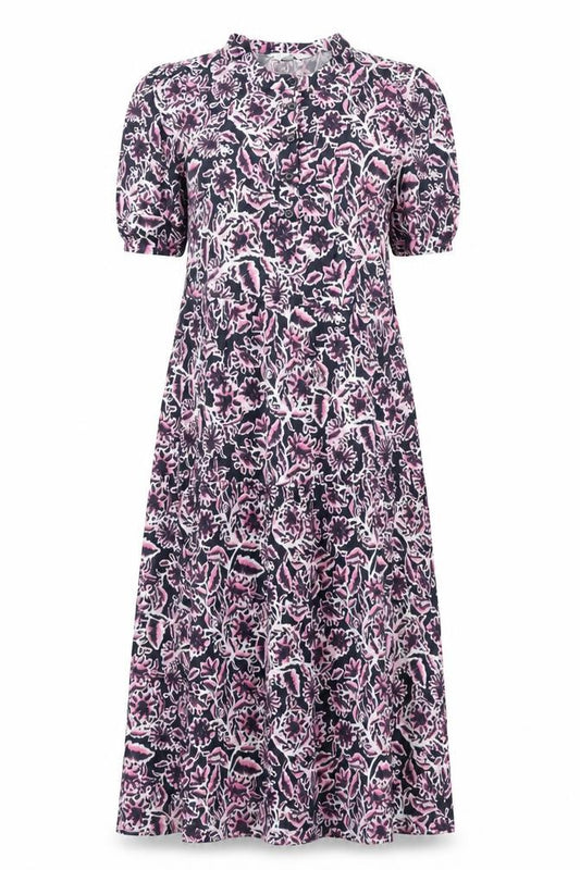 Front view of Marks & Spencer women’s multicoloured geometric viscose shift, size UK 6, round neck button