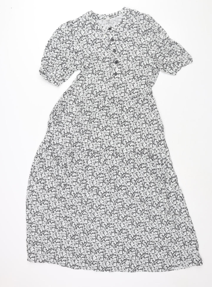Marks and Spencer Womens Black Geometric Viscose Shift Size 6 Round Neck Button