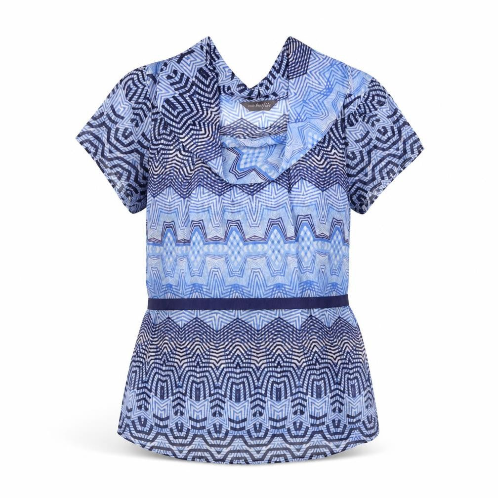 Front view of Marks & Spencer women’s blue geometric polyester basic blouse, size UK 10, cowl neck - belted