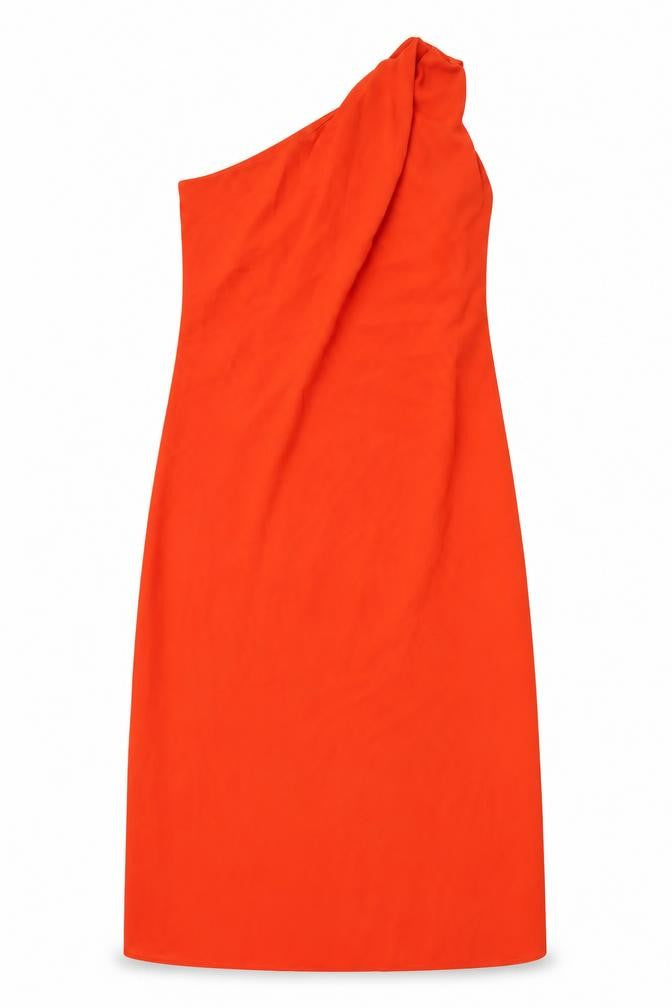Front view of Marks & Spencer women’s red polyester maxi, size UK 14, one shoulder zip