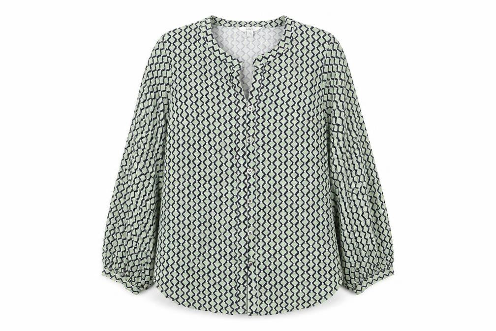 Front view of Marks & Spencer women’s green geometric cotton basic button-up, size UK 16, v-neck