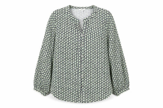 Front view of Marks & Spencer women’s green geometric cotton basic button-up, size UK 16, v-neck