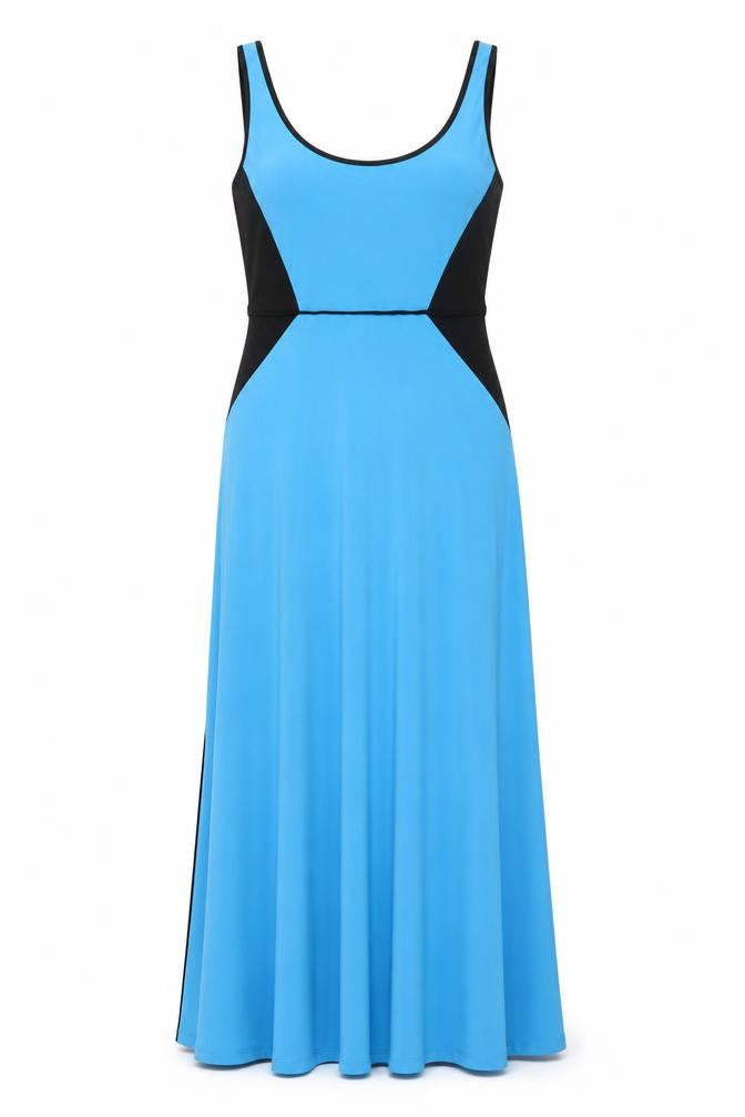 Front view of London Times women’s blue colourblock polyester maxi, size UK 6, scoop neck pullover