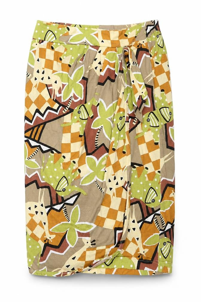 Noto Womens Multicoloured Geometric Cotton Straight & Pencil Skirt Size S - Wrap Style Tie Detail