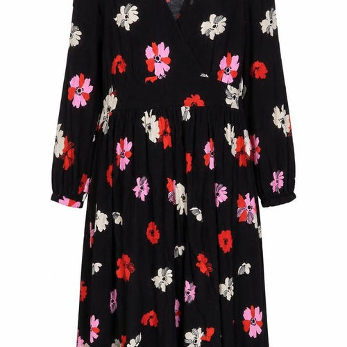 Marks and Spencer Womens Black Floral Viscose Shift Size 12 V-Neck Zip