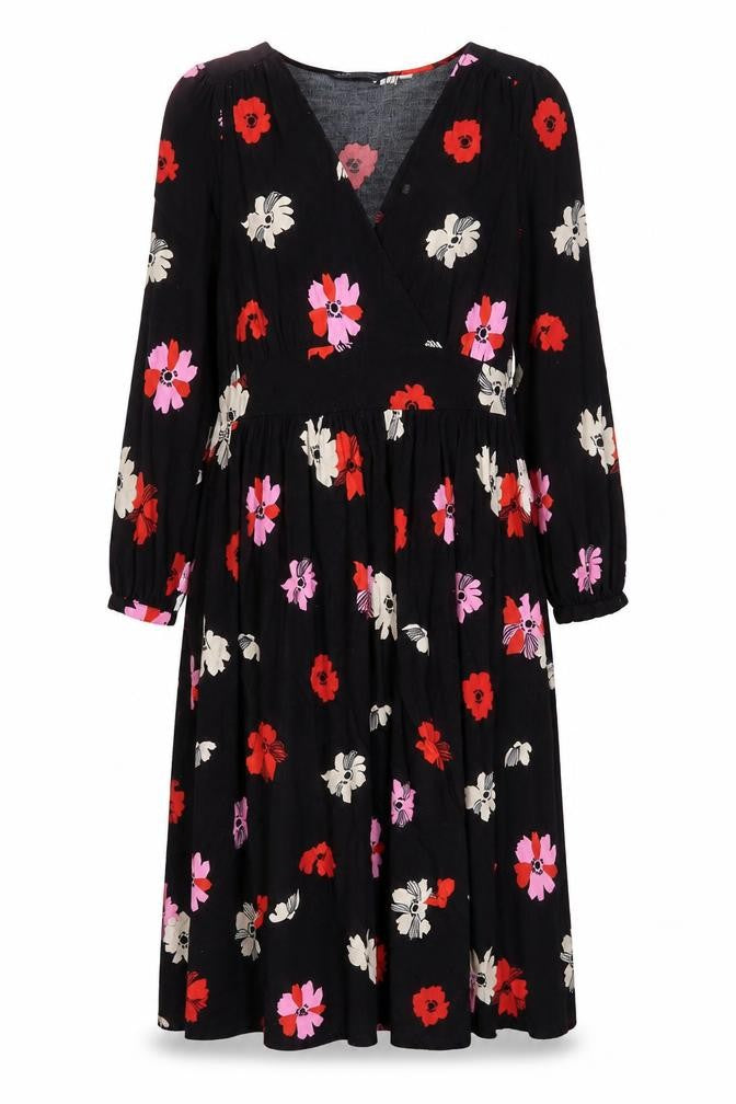 Marks and Spencer Womens Black Floral Viscose Shift Size 12 V-Neck Zip