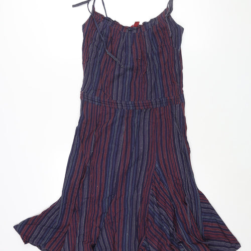 Monsoon Womens Blue Striped Cotton Shift Size 10 V-Neck Zip - Drawstring Tie