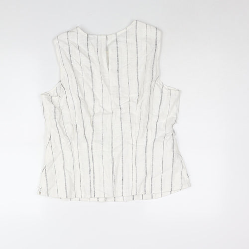 Marks and Spencer Womens White Striped Linen Camisole Blouse Size 16 Round Neck