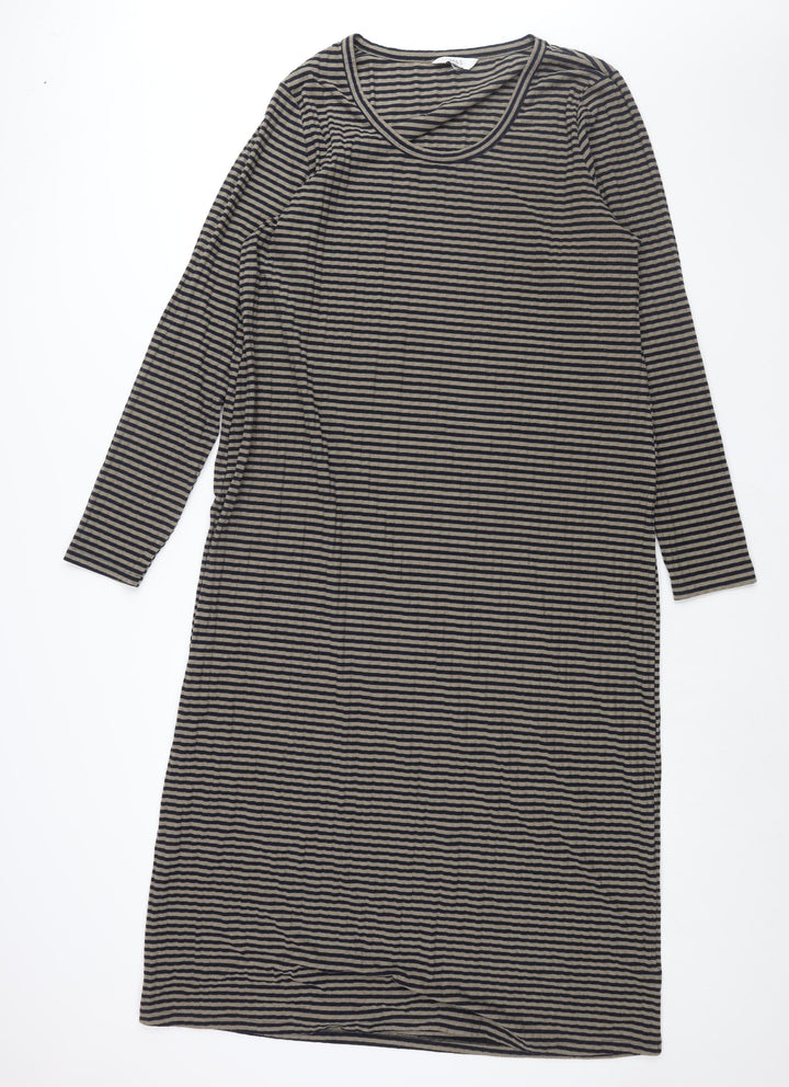 Marks and Spencer Womens Brown Striped Polyester Shift Size 20 Round Neck Pullover