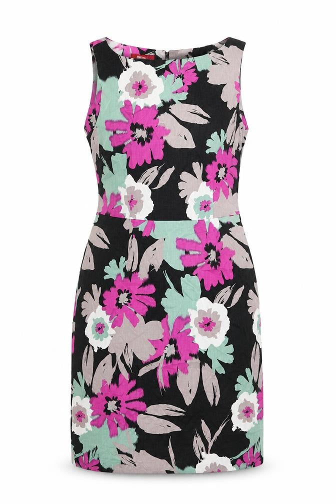 Front view of Monsoon women’s multicoloured floral cotton shift, size UK 12, round neck zip