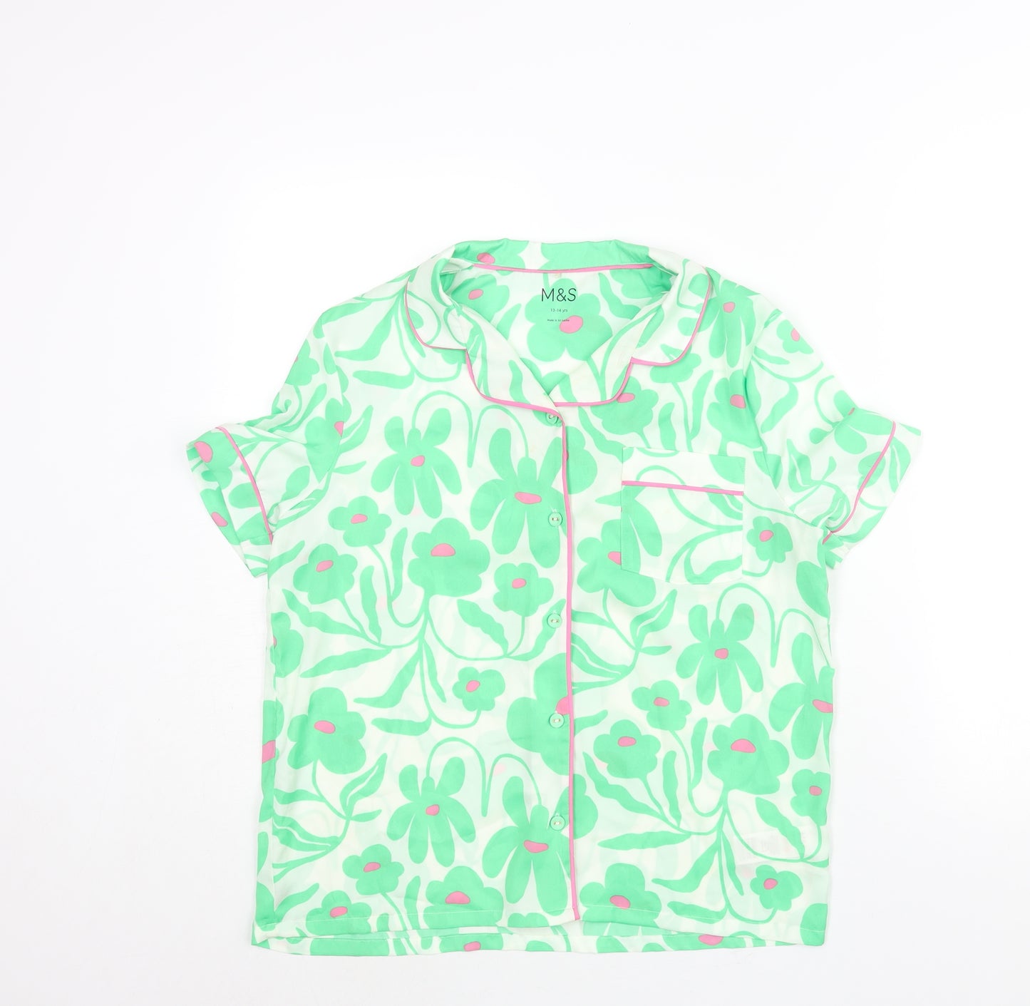 Marks and Spencer Girls Green Floral Polyester Top Pyjama Top Size 12-13 Years Button