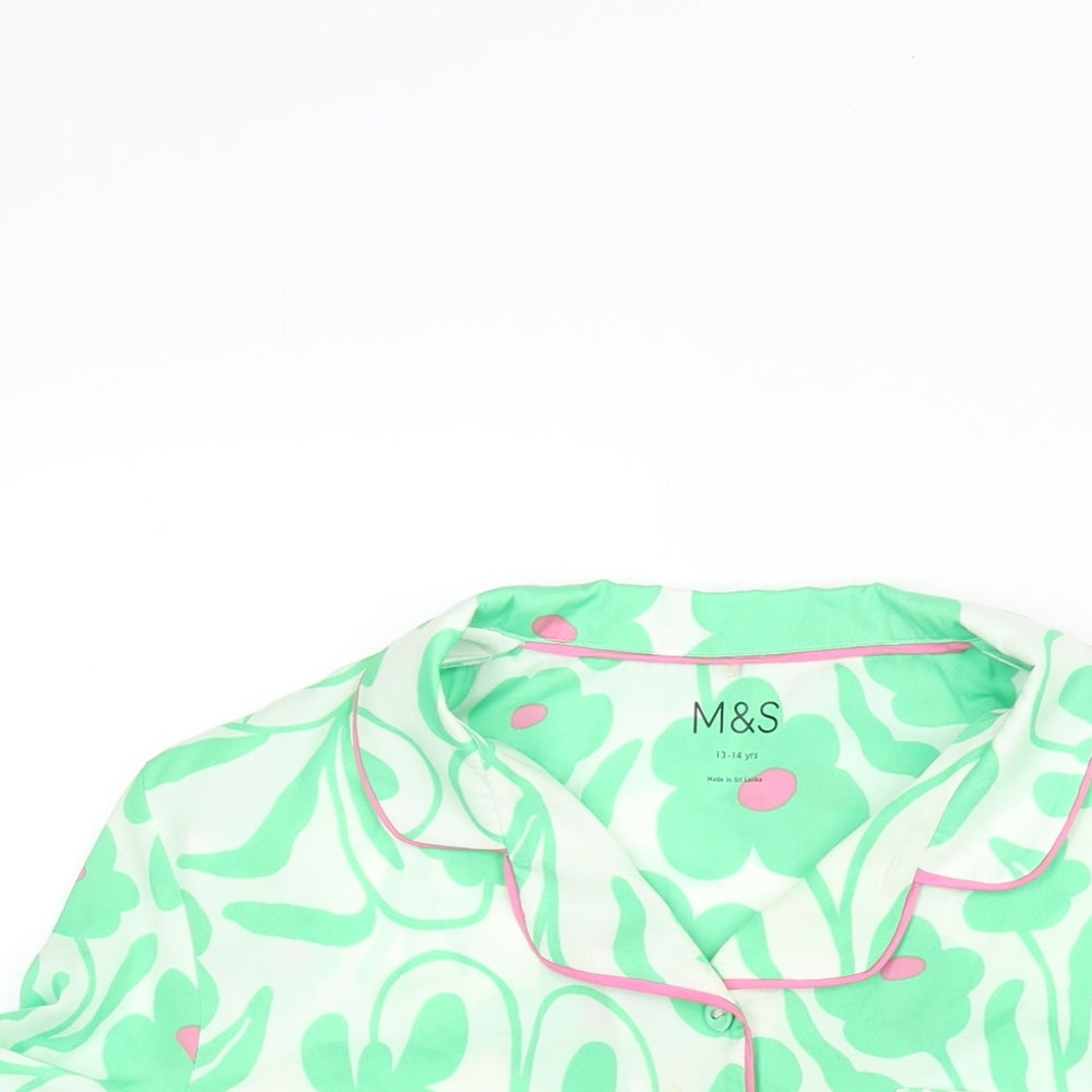 Marks and Spencer Girls Green Floral Polyester Top Pyjama Top Size 12-13 Years Button