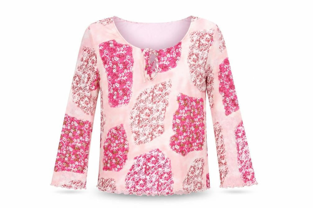 Front view of Classics women’s pink floral polyester basic blouse, size UK 12, scoop neck -, size UK 12-14