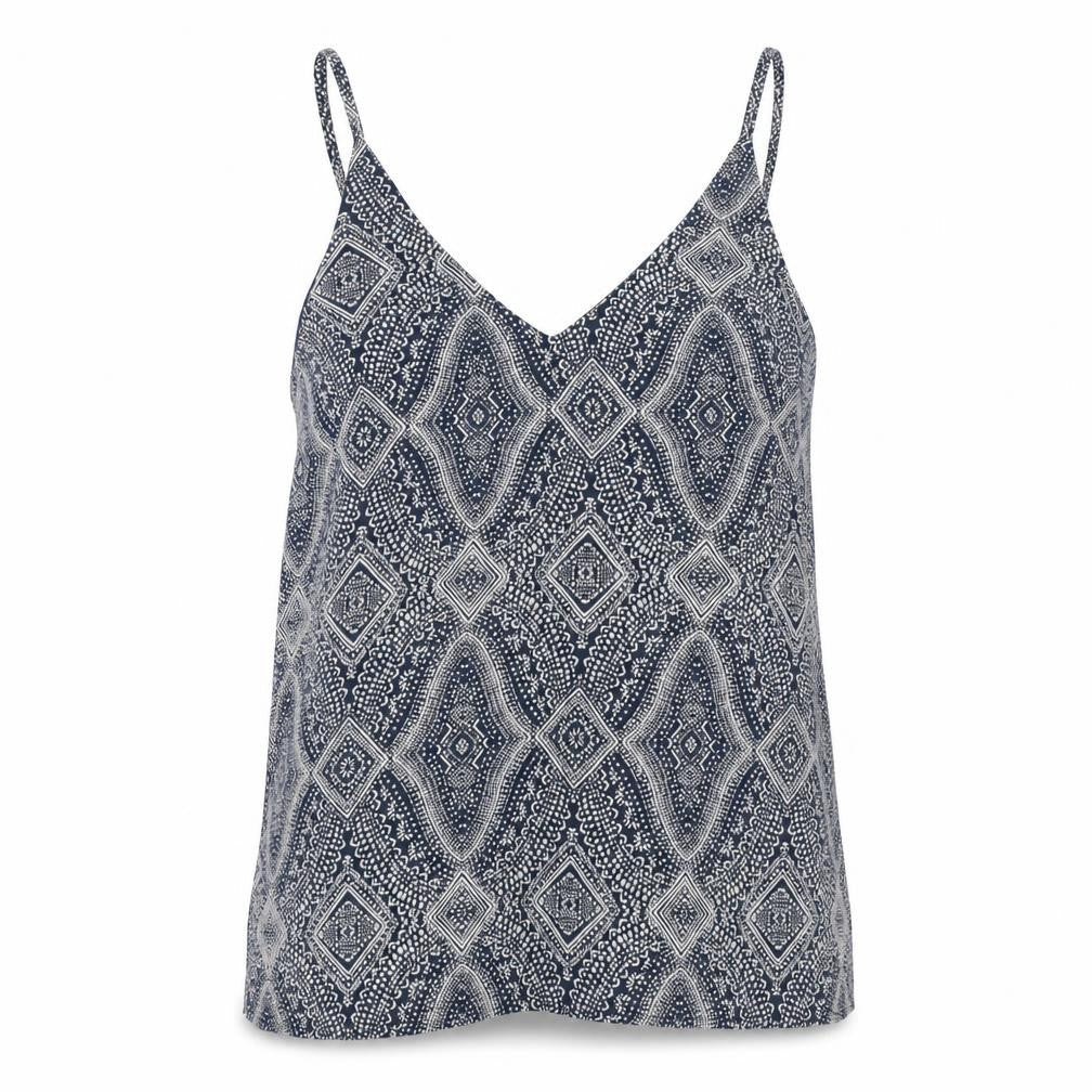 Front view of H&M women’s blue geometric polyester camisole blouse, size UK 8, v-neck