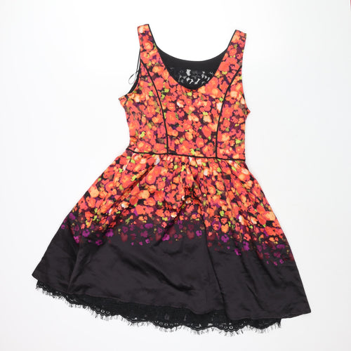 Jessica Simpson Womens Multicoloured Floral Polyester Fit & Flare Size 6 Scoop Neck Zip - Lace Trim