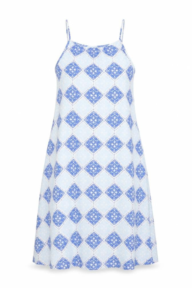 Front view of AND/OR women’s blue geometric cotton shift, size UK 10, scoop neck pullover