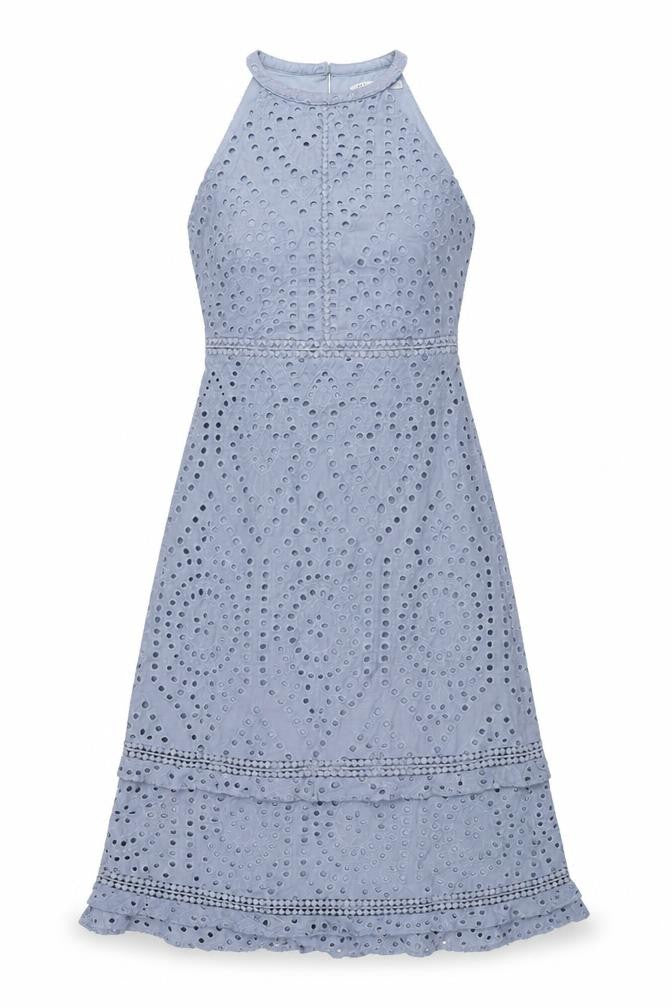 Front view of Oasis women’s blue cotton shift, size UK 8, round neck zip - frill