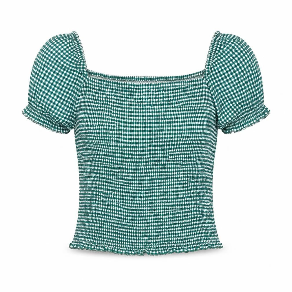 Front view of Next women’s green check viscose basic blouse, size UK 16, square neck - rouched