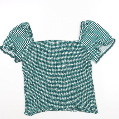 NEXT Womens Green Check Viscose Basic Blouse Size 16 Square Neck - Rouched