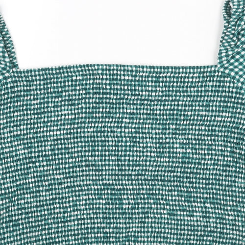 NEXT Womens Green Check Viscose Basic Blouse Size 16 Square Neck - Rouched