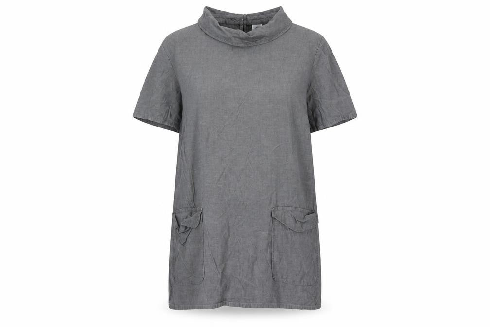 Front view of Cotton Traders women’s grey cotton mini, size UK 18, collared button - pockets