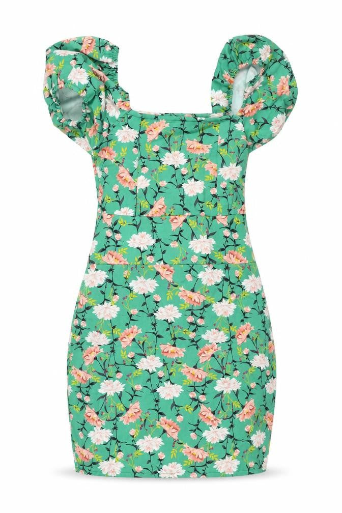 OOTO Womens Green Floral Cotton Mini Size S Square Neck Zip - Belted