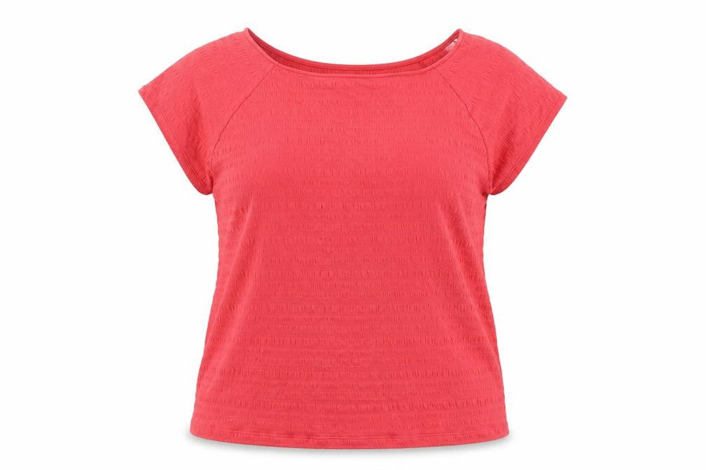 Front view of Marks & Spencer women’s red cotton basic blouse, size UK 22, boat neck - rouched