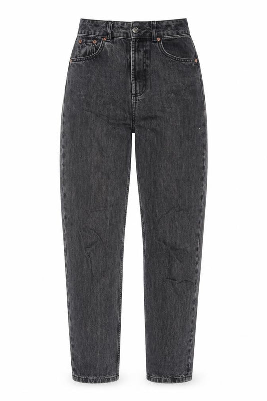 Front view of ASOS women’s grey cotton mom jeans, size UK 25, in, 30-inch leg regular zip