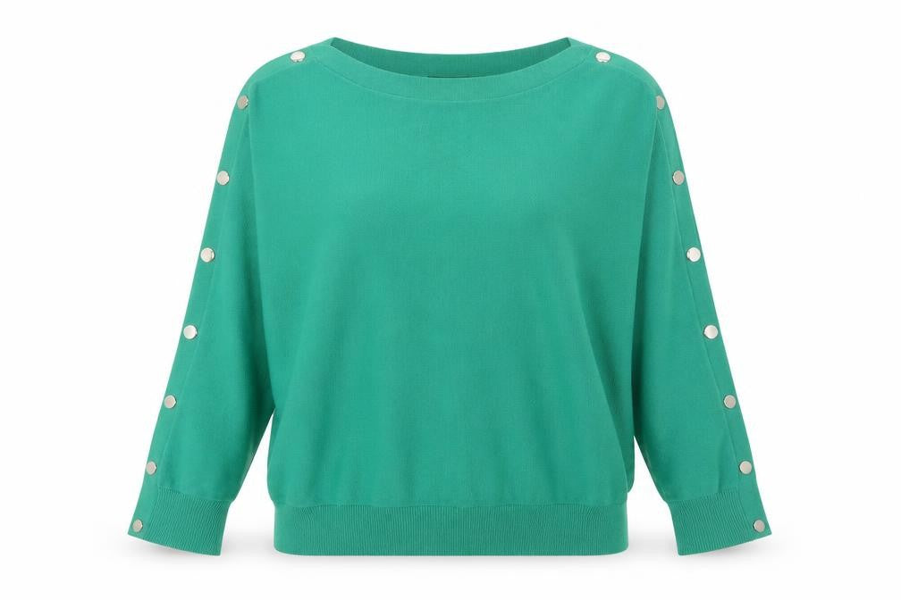 Front view of M&Co women’s green boat neck polyester jumper, size UK 14, - buttons