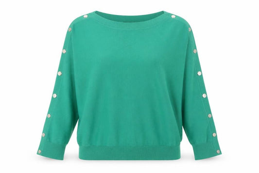 Front view of M&Co women’s green boat neck polyester jumper, size UK 14, - buttons